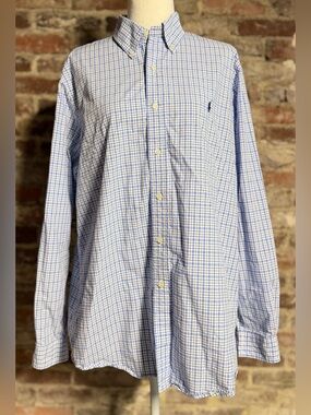 Polo Ralph Lauren Men's Large Blue White Gingham Plaid Button Down Shirt L